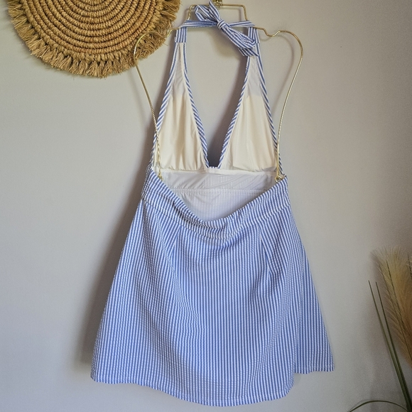 J. Crew, New Blue & White Seersucker Plunging Halter Swim Dress Swimsuit SZ 6 - Picture 5 of 10